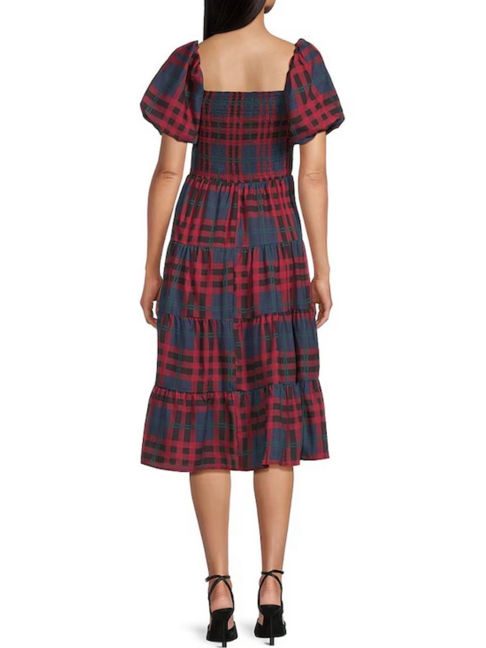 NWT Midnight Doll Smocked Plaid Square Neck Puff Sleeve Midi Dress Size L - Picture 11 of 11